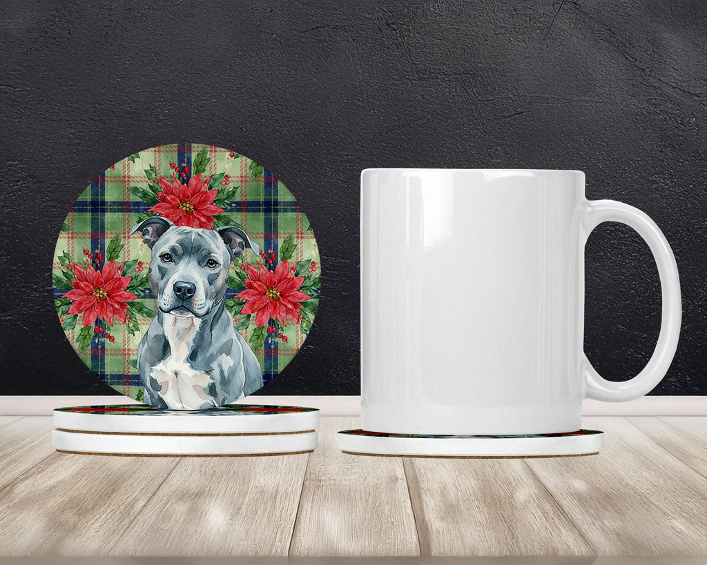 Blue American Staffordshire Terrier Christmas PoinsettIas Large Sandstone Coasters Pack of 4 Absorbent Round Coasters Decor Gifts for Men or Women, 4 in, Multicolor