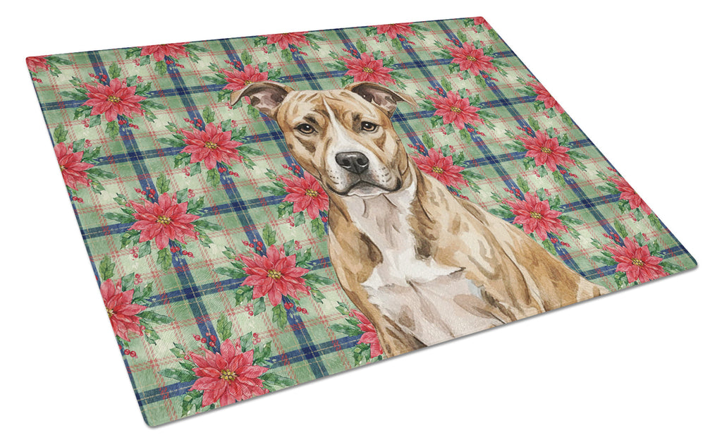 Brindle American Staffordshire Terrier Christmas PoinsettIas Cutting Board Tempered Glass Kitchen Cutting Surface, Heat Resistant Chopping, Non-Slip Feet, Food Prep & Serving
