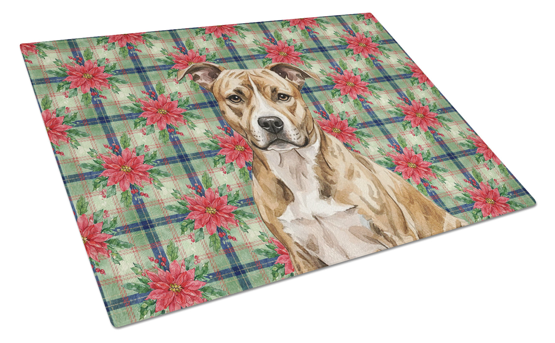 Brindle American Staffordshire Terrier Christmas PoinsettIas Cutting Board Tempered Glass Kitchen Cutting Surface, Heat Resistant Chopping, Non-Slip Feet, Food Prep & Serving