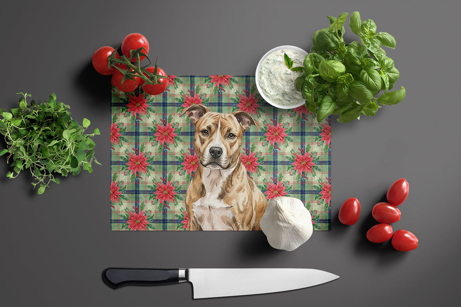 Brindle American Staffordshire Terrier Christmas PoinsettIas Cutting Board Tempered Glass Kitchen Cutting Surface, Heat Resistant Chopping, Non-Slip Feet, Food Prep & Serving