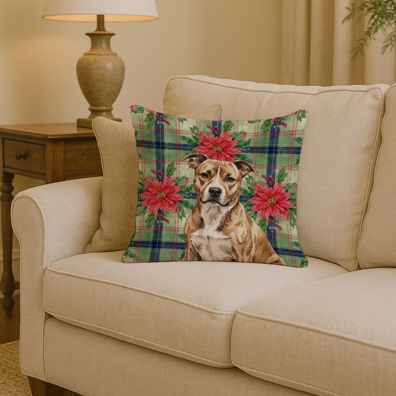 Brindle American Staffordshire Terrier Christmas PoinsettIas Decorative Throw Pillow 14x14 Indoor Outdoor Accent Cushion, Fabric Cover with Insert for Sofa, Bed, Porch & Living Room