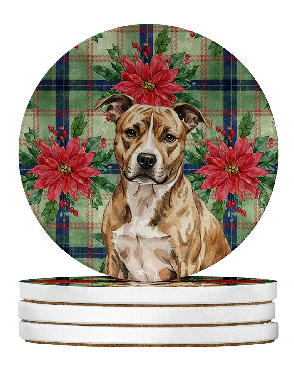 Brindle American Staffordshire Terrier Christmas PoinsettIas Large Sandstone Coasters Pack of 4 Absorbent Round Coasters Decor Gifts for Men or Women, 4 in, Multicolor
