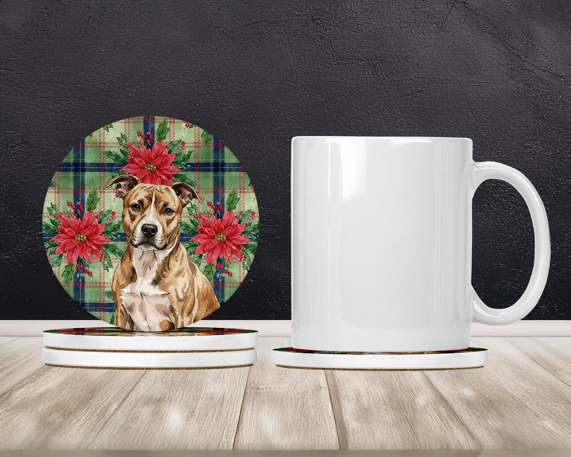 Brindle American Staffordshire Terrier Christmas PoinsettIas Large Sandstone Coasters Pack of 4 Absorbent Round Coasters Decor Gifts for Men or Women, 4 in, Multicolor
