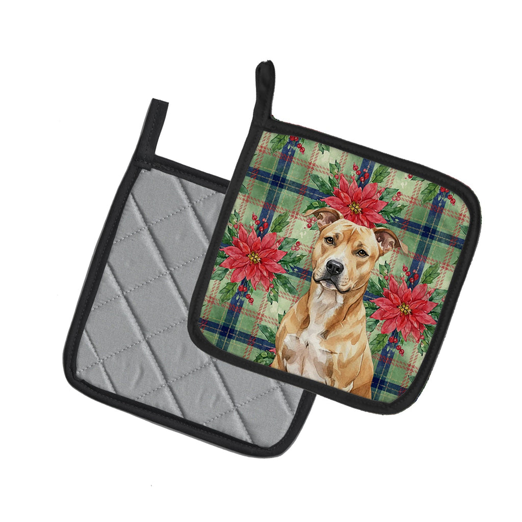 Fawn American Staffordshire Terrier Christmas PoinsettIas Pot Holder Set of 2 Heat Resistant Quilted Hot Pads 7.5 x 7.5 Inch, Insulated Kitchen Trivets for Cooking & Baking