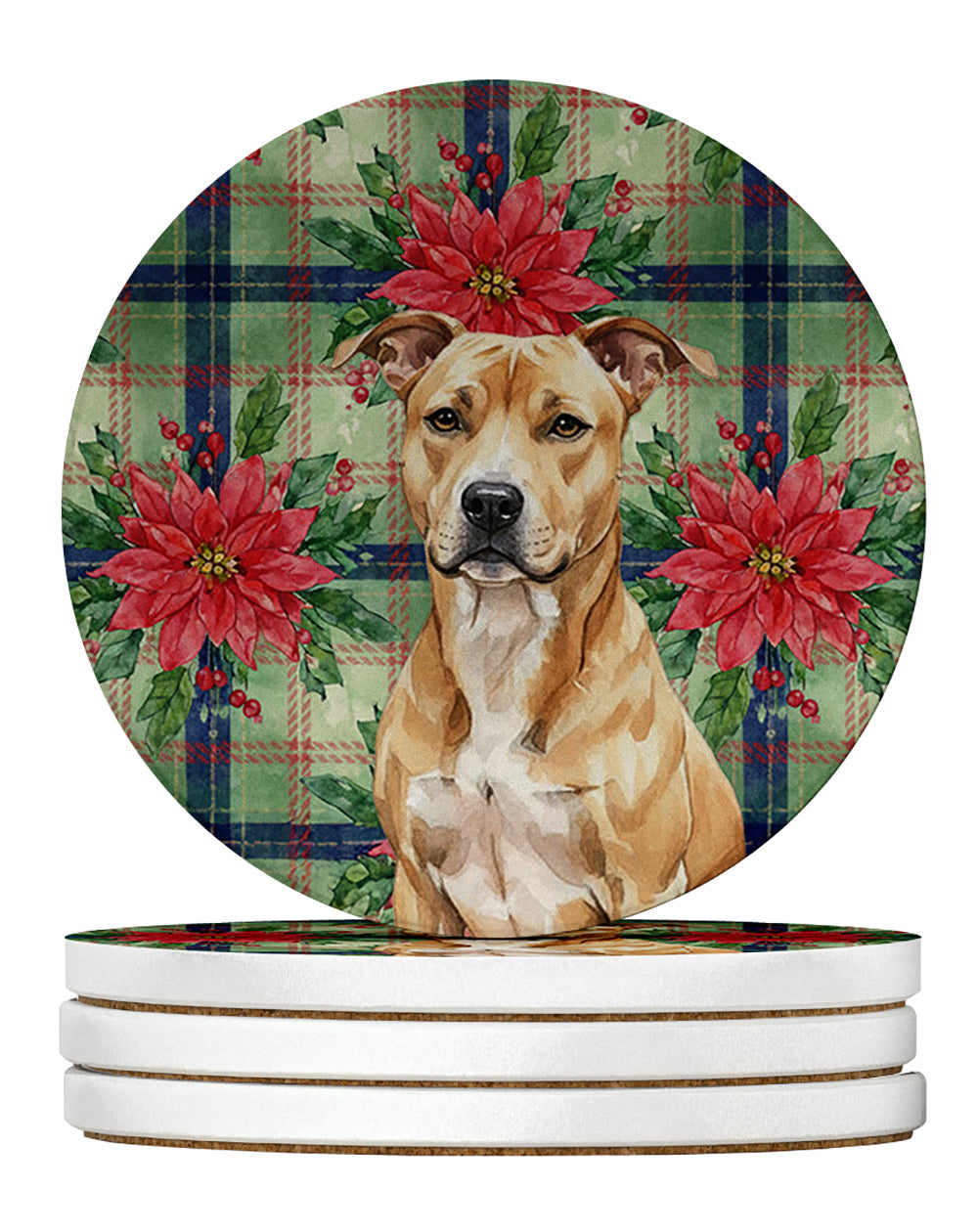 Fawn American Staffordshire Terrier Christmas PoinsettIas Large Sandstone Coasters Pack of 4 Absorbent Round Coasters Decor Gifts for Men or Women, 4 in, Multicolor