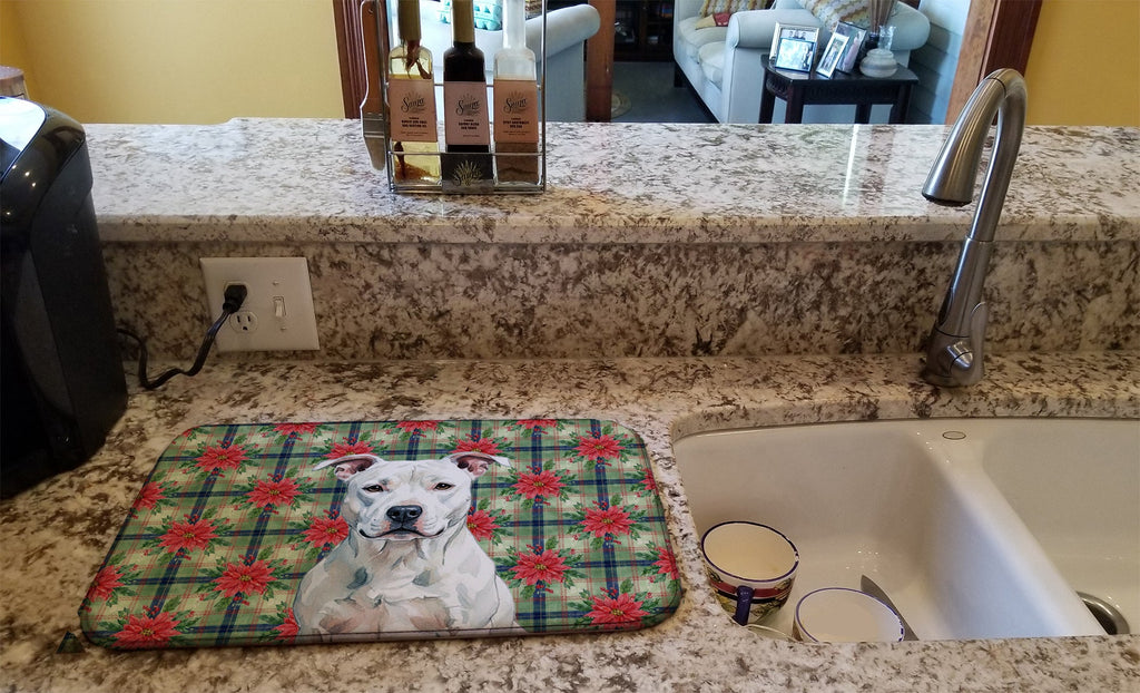 White American Staffordshire Terrier Christmas PoinsettIas Dish Drying Mat Absorbent Dish Drying Mat Pad for Kitchen Counter Dish Drainer Mat for Countertop, 14 x 21", Multicolor