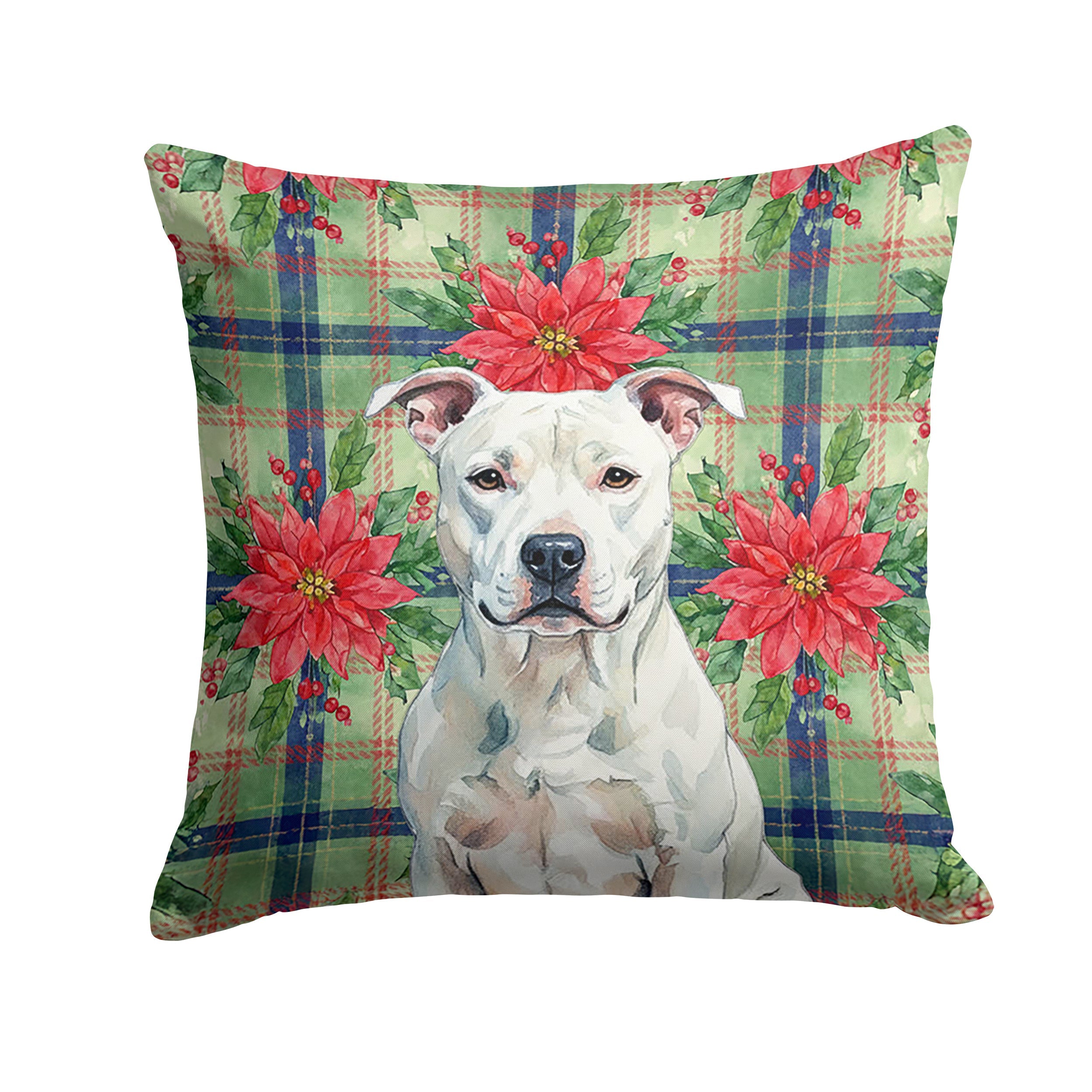 White American Staffordshire Terrier Christmas PoinsettIas Decorative Throw Pillow 18x18 Indoor Outdoor Accent Cushion, Fabric Cover with Insert for Sofa, Bed, Porch & Living Room
