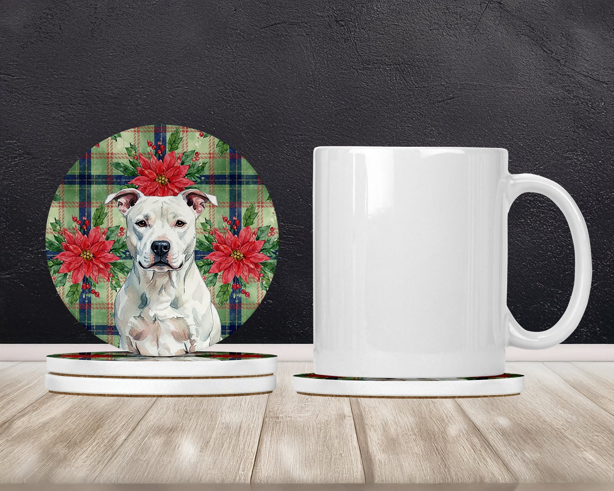 White American Staffordshire Terrier Christmas PoinsettIas Large Sandstone Coasters Pack of 4 Absorbent Round Coasters Decor Gifts for Men or Women, 4 in, Multicolor