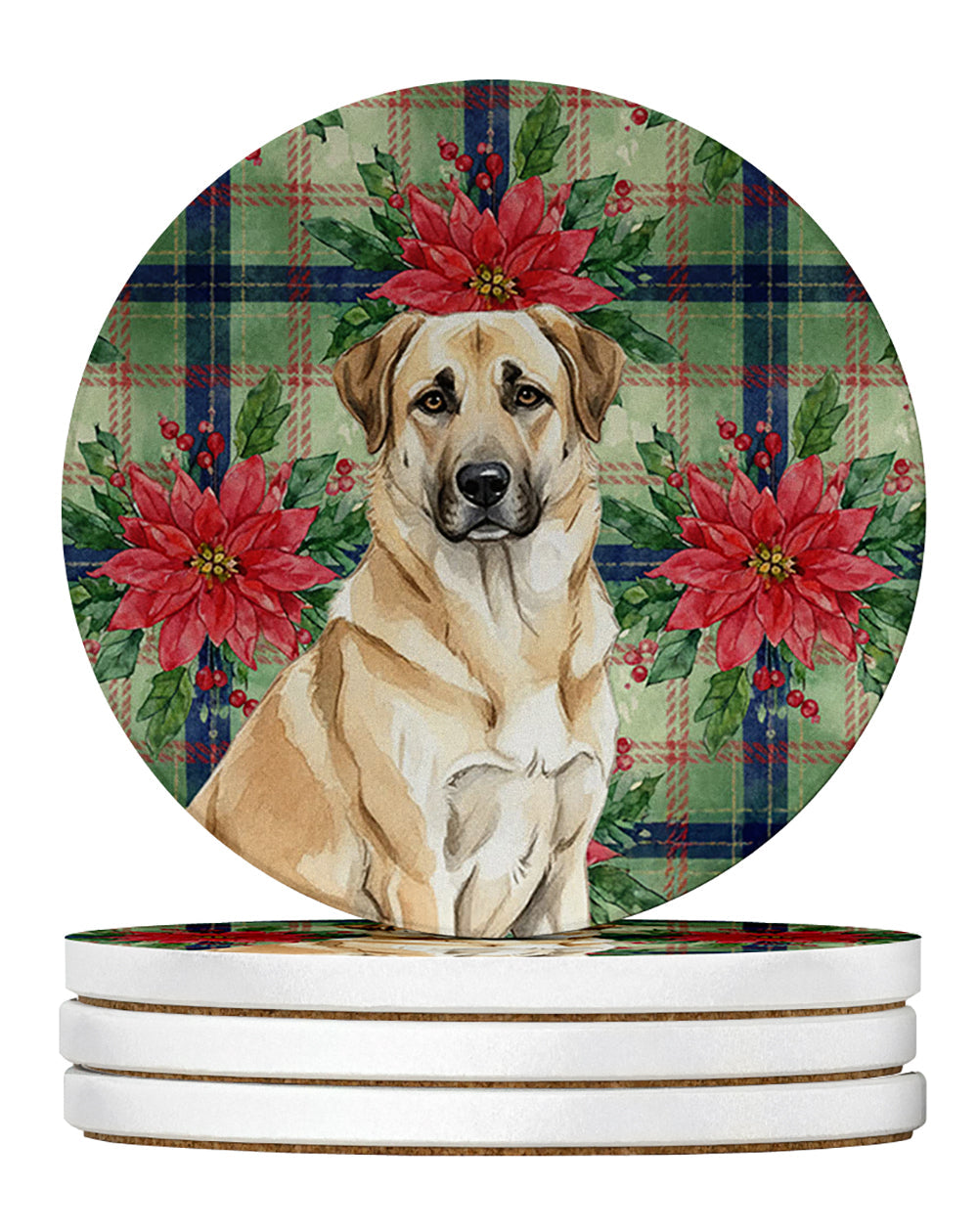 Anatolian Shepherd Dog Christmas PoinsettIas Large Sandstone Coasters Pack of 4 Absorbent Round Coasters Decor Gifts for Men or Women, 4 in, Multicolor