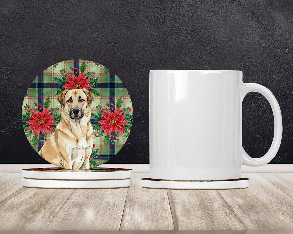 Anatolian Shepherd Dog Christmas PoinsettIas Large Sandstone Coasters Pack of 4 Absorbent Round Coasters Decor Gifts for Men or Women, 4 in, Multicolor