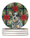 Blue Heeler Australian Cattle Dog Christmas PoinsettIas Large Sandstone Coasters Pack of 4 Absorbent Round Coasters Decor Gifts for Men or Women, 4 in, Multicolor