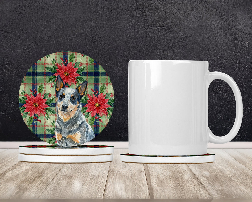 Blue Heeler Australian Cattle Dog Christmas PoinsettIas Large Sandstone Coasters Pack of 4 Absorbent Round Coasters Decor Gifts for Men or Women, 4 in, Multicolor