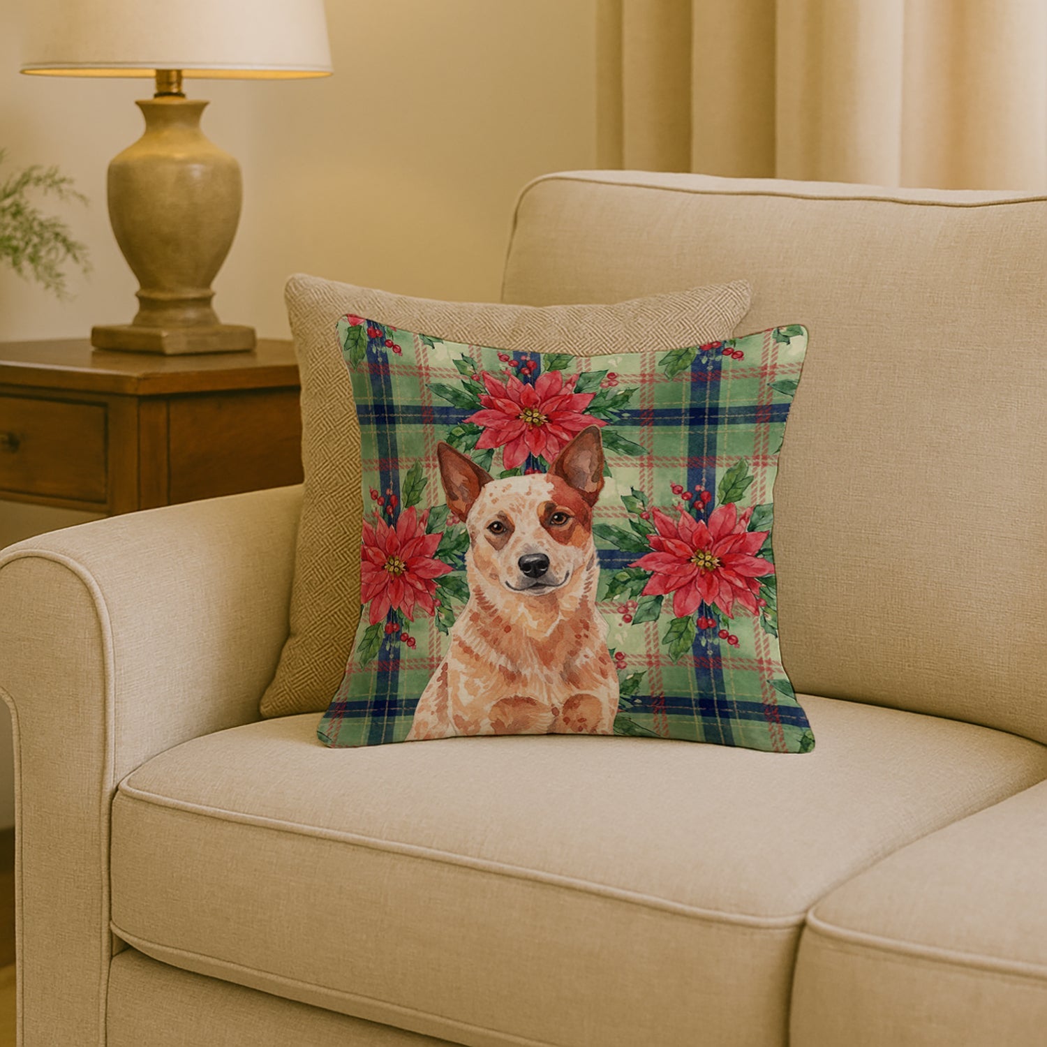 Red Heeler Australian Cattle Dog Christmas PoinsettIas Decorative Throw Pillow 18x18 Indoor Outdoor Accent Cushion, Fabric Cover with Insert for Sofa, Bed, Porch & Living Room