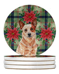 Red Heeler Australian Cattle Dog Christmas PoinsettIas Large Sandstone Coasters Pack of 4 Absorbent Round Coasters Decor Gifts for Men or Women, 4 in, Multicolor