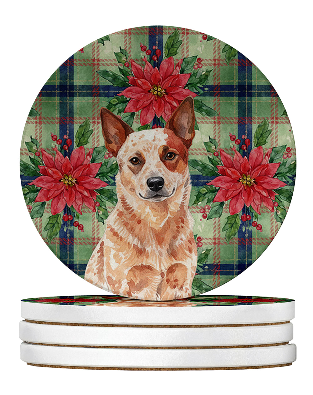 Red Heeler Australian Cattle Dog Christmas PoinsettIas Large Sandstone Coasters Pack of 4 Absorbent Round Coasters Decor Gifts for Men or Women, 4 in, Multicolor
