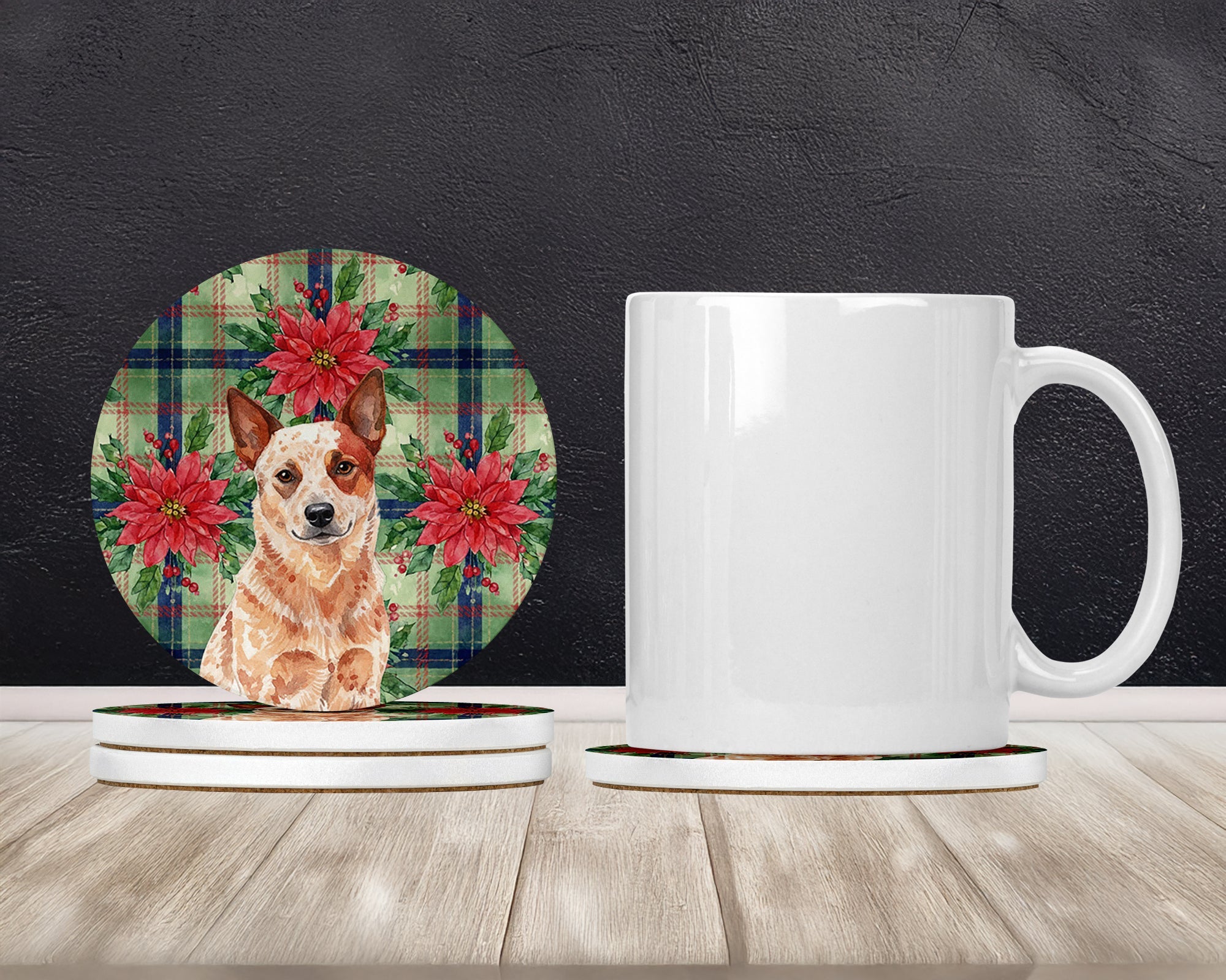 Red Heeler Australian Cattle Dog Christmas PoinsettIas Large Sandstone Coasters Pack of 4 Absorbent Round Coasters Decor Gifts for Men or Women, 4 in, Multicolor