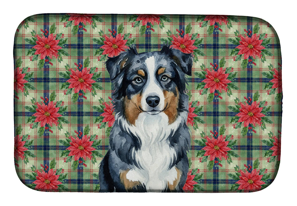 Black Australian Shepherd Christmas PoinsettIas Dish Drying Mat Absorbent Dish Drying Mat Pad for Kitchen Counter Dish Drainer Mat for Countertop, 14 x 21", Multicolor