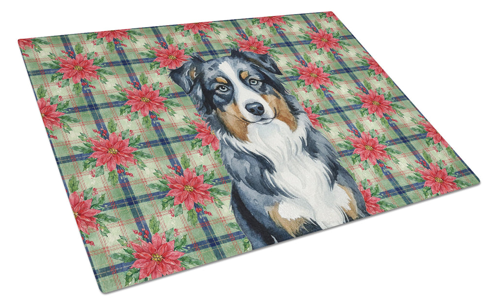 Black Australian Shepherd Christmas PoinsettIas Cutting Board Tempered Glass Kitchen Cutting Surface, Heat Resistant Chopping, Non-Slip Feet, Food Prep & Serving