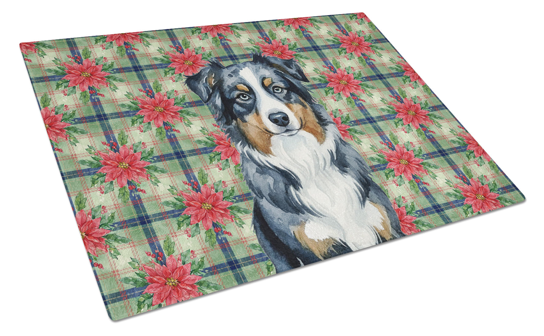 Black Australian Shepherd Christmas PoinsettIas Cutting Board Tempered Glass Kitchen Cutting Surface, Heat Resistant Chopping, Non-Slip Feet, Food Prep & Serving