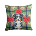 Black Australian Shepherd Christmas PoinsettIas Decorative Throw Pillow 14x14 Indoor Outdoor Accent Cushion, Fabric Cover with Insert for Sofa, Bed, Porch & Living Room