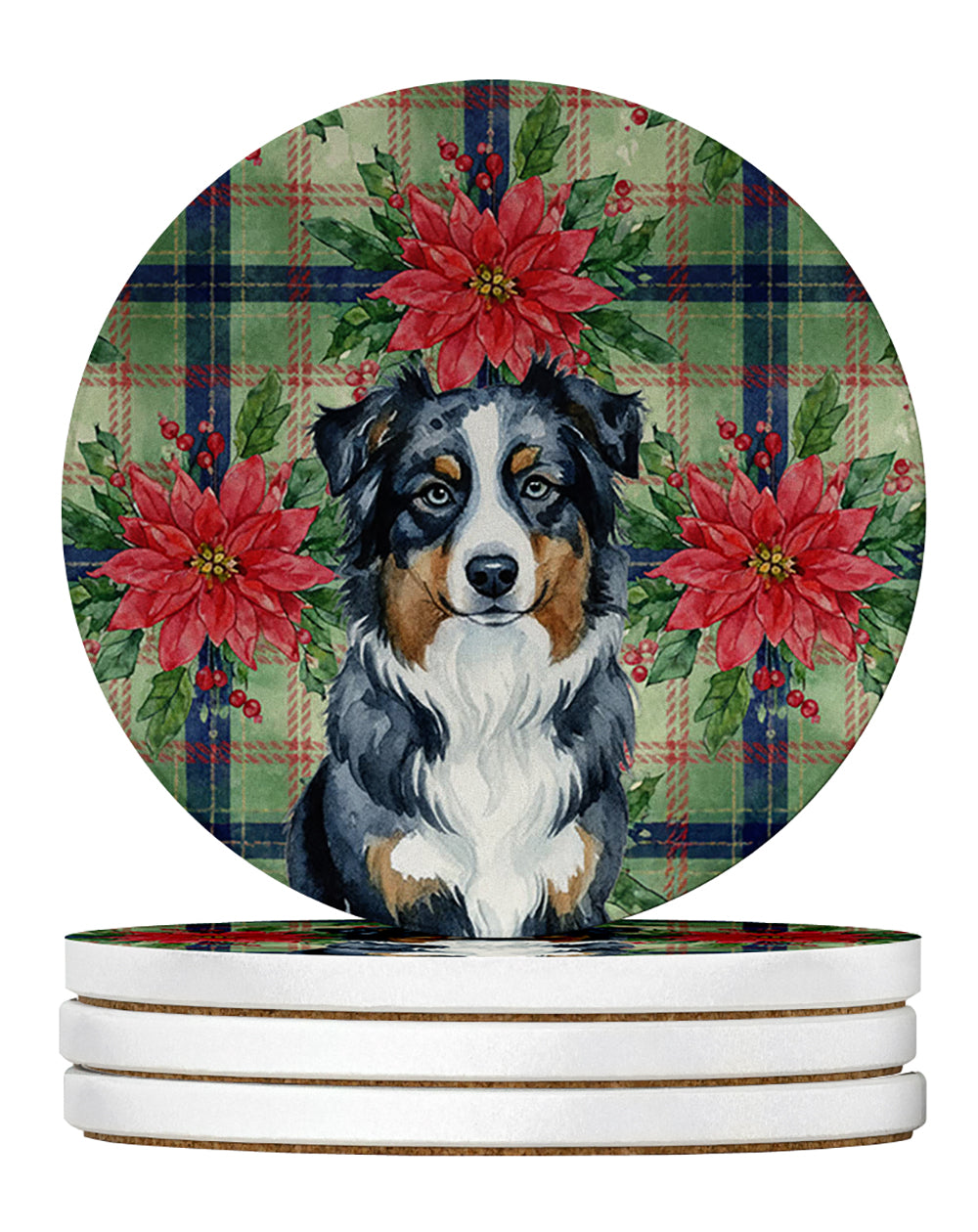 Black Australian Shepherd Christmas PoinsettIas Large Sandstone Coasters Pack of 4 Absorbent Round Coasters Decor Gifts for Men or Women, 4 in, Multicolor