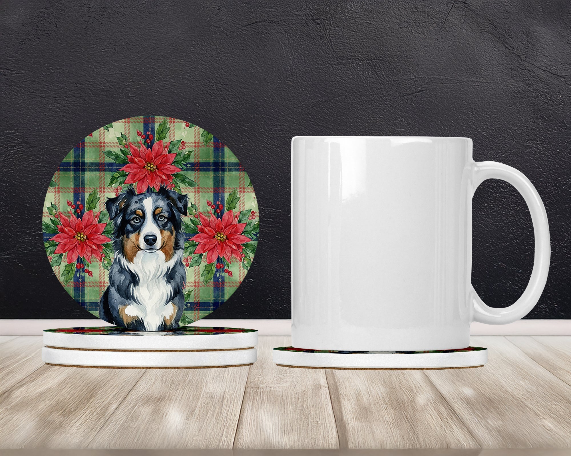Black Australian Shepherd Christmas PoinsettIas Large Sandstone Coasters Pack of 4 Absorbent Round Coasters Decor Gifts for Men or Women, 4 in, Multicolor