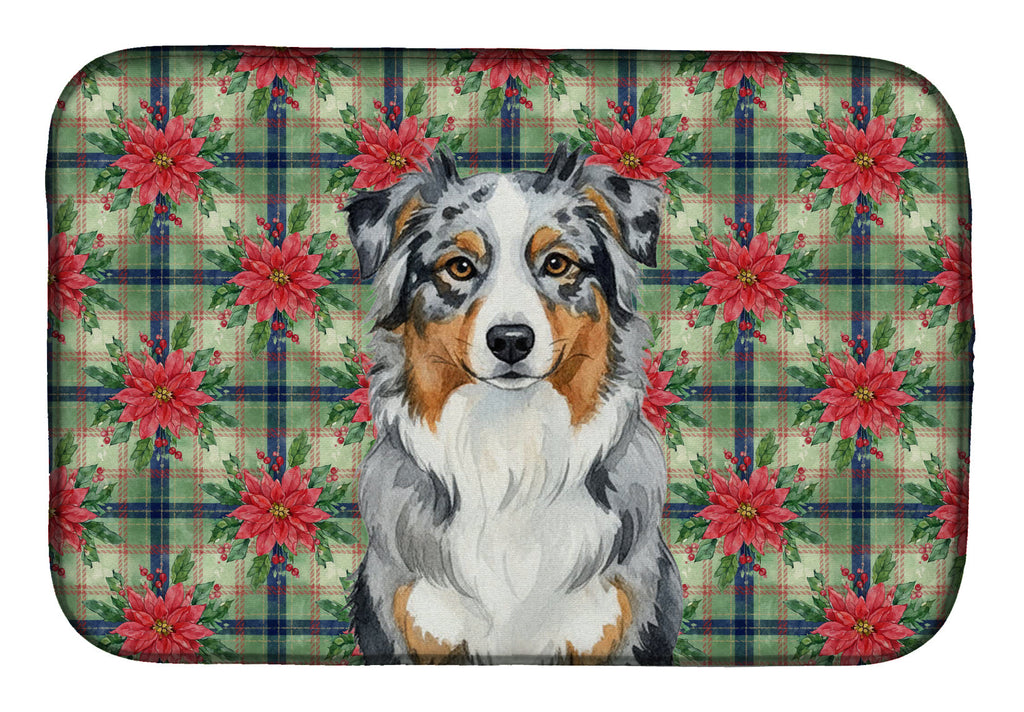 Blue Merle Australian Shepherd Christmas PoinsettIas Dish Drying Mat Absorbent Dish Drying Mat Pad for Kitchen Counter Dish Drainer Mat for Countertop, 14 x 21", Multicolor