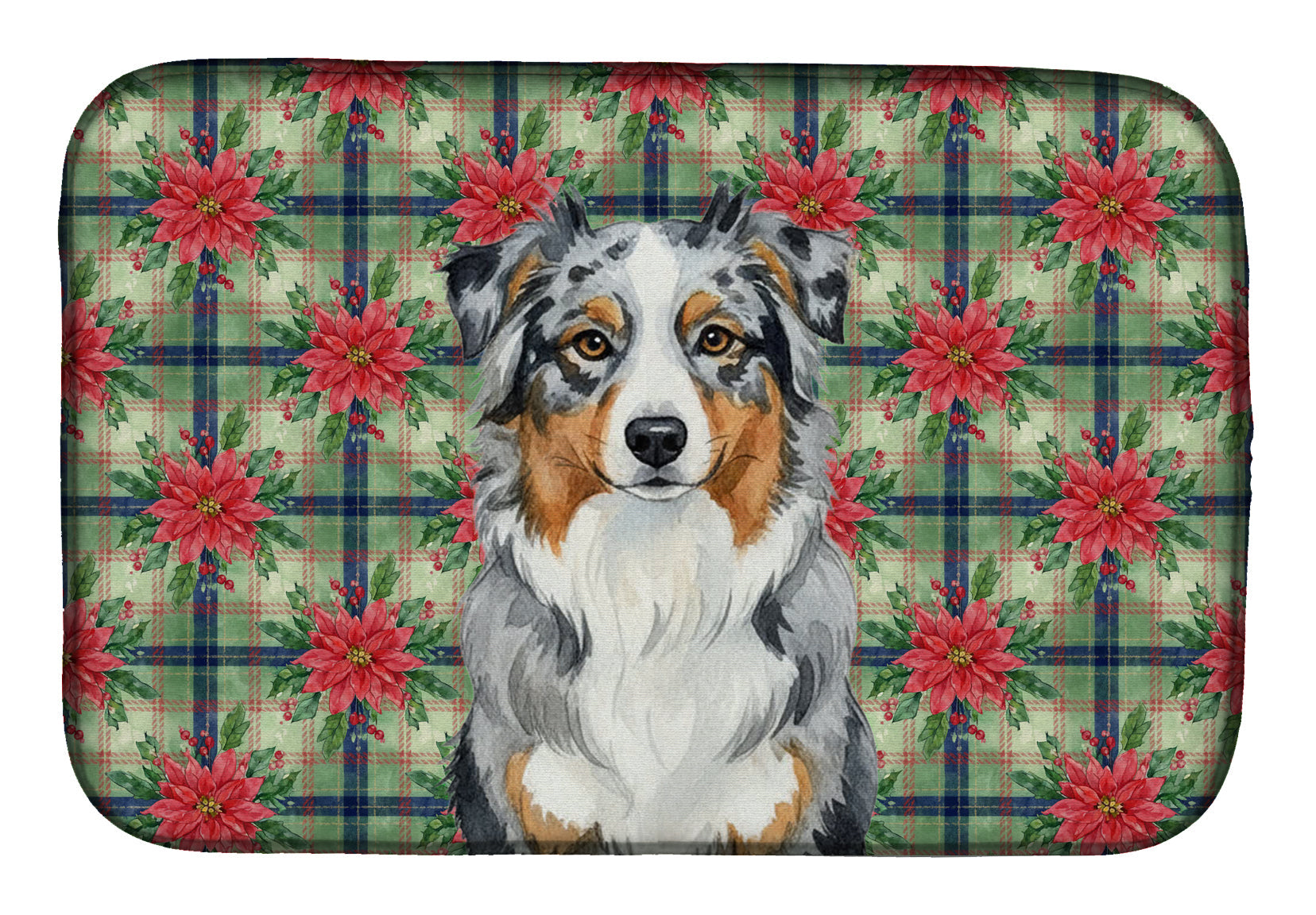 Blue Merle Australian Shepherd Christmas PoinsettIas Dish Drying Mat Absorbent Dish Drying Mat Pad for Kitchen Counter Dish Drainer Mat for Countertop, 14 x 21", Multicolor