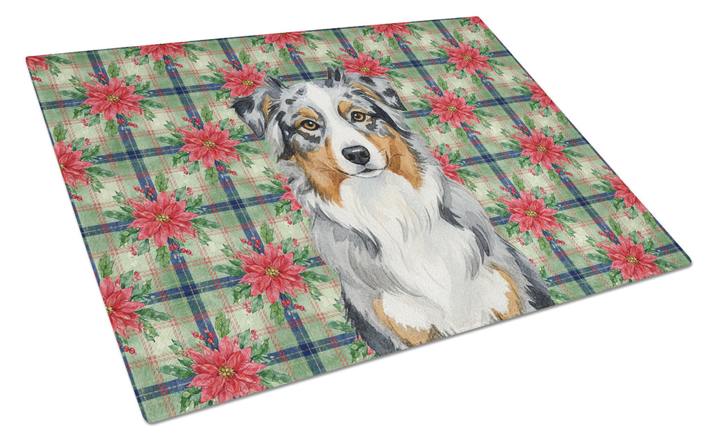 Blue Merle Australian Shepherd Christmas PoinsettIas Cutting Board Tempered Glass Kitchen Cutting Surface, Heat Resistant Chopping, Non-Slip Feet, Food Prep & Serving