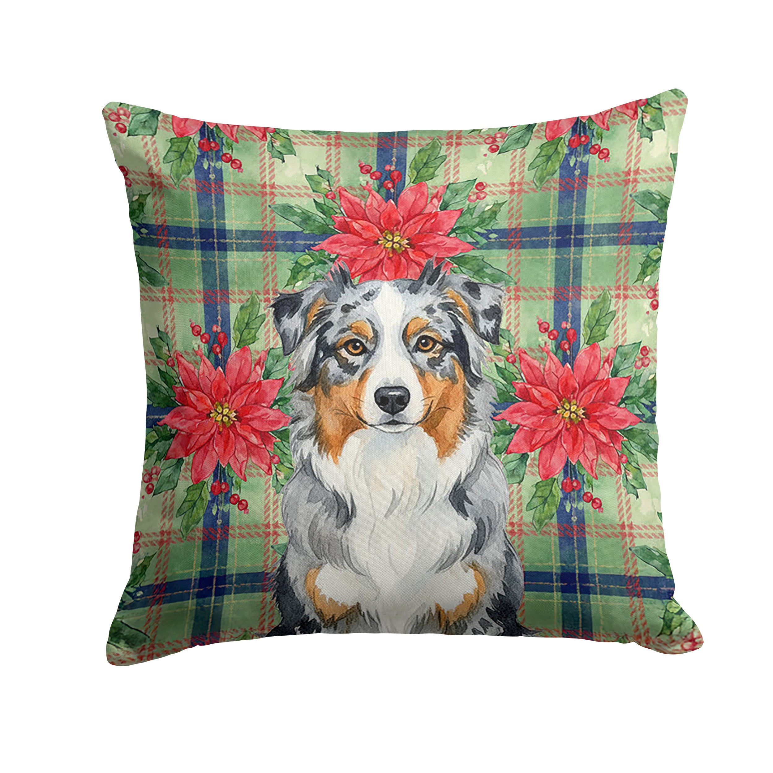 Blue Merle Australian Shepherd Christmas PoinsettIas Decorative Throw Pillow 14x14 Indoor Outdoor Accent Cushion, Fabric Cover with Insert for Sofa, Bed, Porch & Living Room