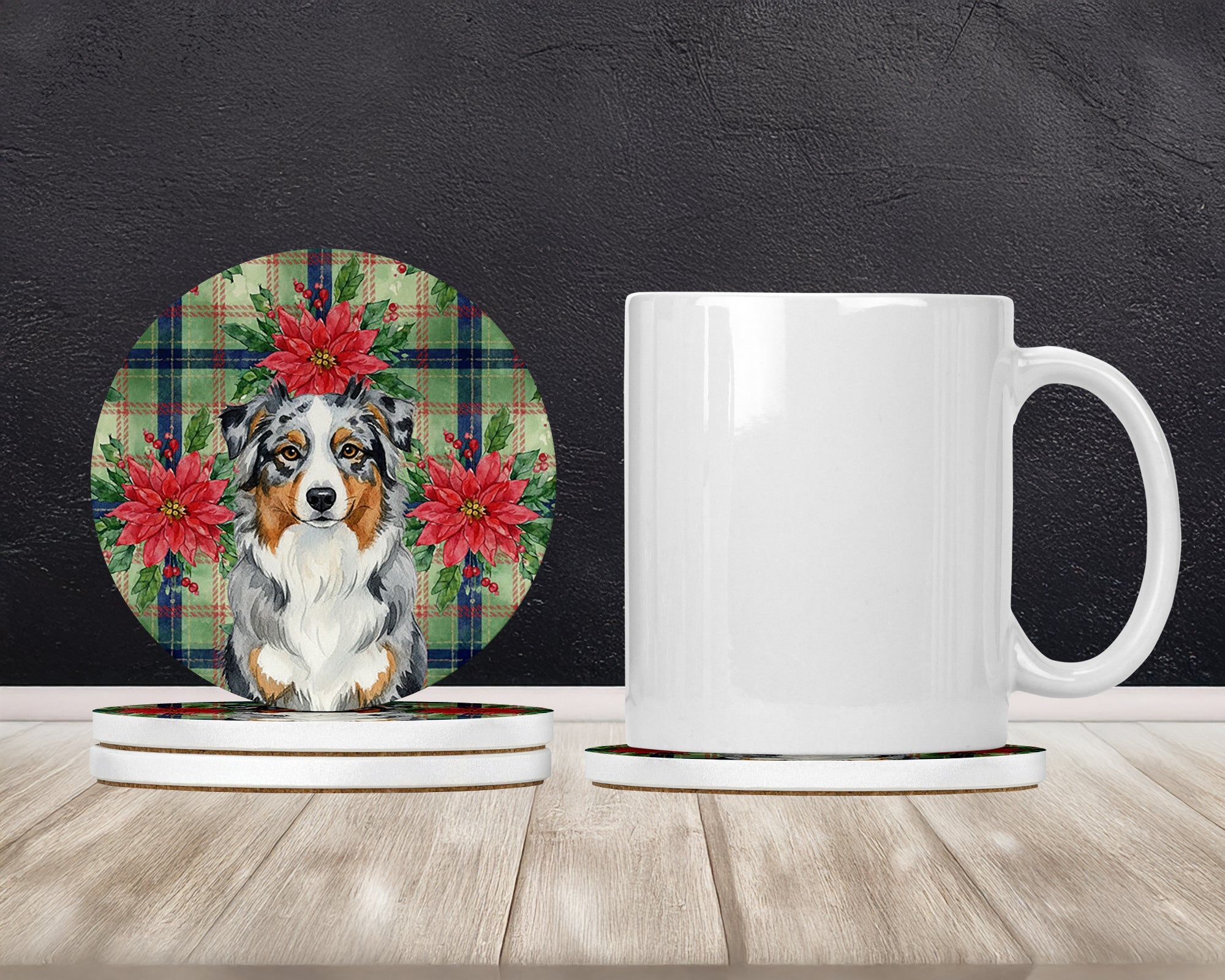 Blue Merle Australian Shepherd Christmas PoinsettIas Large Sandstone Coasters Pack of 4 Absorbent Round Coasters Decor Gifts for Men or Women, 4 in, Multicolor