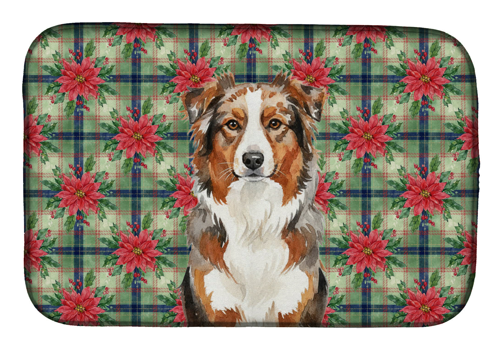 Red Merle Australian Shepherd Christmas PoinsettIas Dish Drying Mat Absorbent Dish Drying Mat Pad for Kitchen Counter Dish Drainer Mat for Countertop, 14 x 21", Multicolor