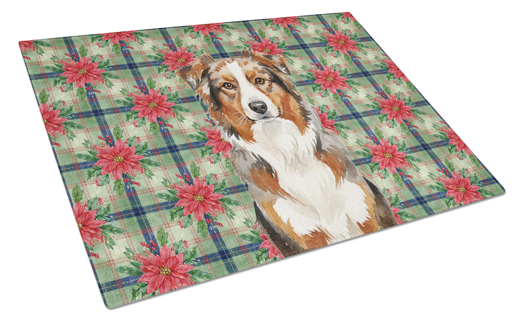 Red Merle Australian Shepherd Christmas PoinsettIas Cutting Board Tempered Glass Kitchen Cutting Surface, Heat Resistant Chopping, Non-Slip Feet, Food Prep & Serving