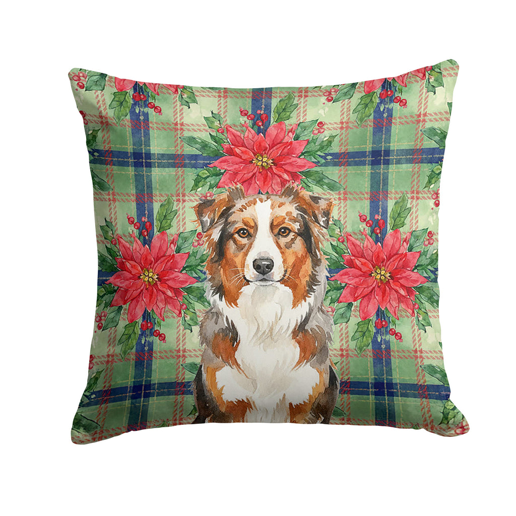 Red Merle Australian Shepherd Christmas PoinsettIas Decorative Throw Pillow 18x18 Indoor Outdoor Accent Cushion, Fabric Cover with Insert for Sofa, Bed, Porch & Living Room