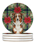Red Merle Australian Shepherd Christmas PoinsettIas Large Sandstone Coasters Pack of 4 Absorbent Round Coasters Decor Gifts for Men or Women, 4 in, Multicolor