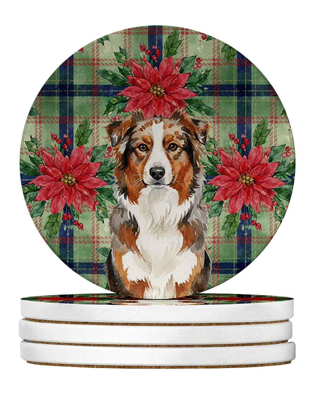 Red Merle Australian Shepherd Christmas PoinsettIas Large Sandstone Coasters Pack of 4 Absorbent Round Coasters Decor Gifts for Men or Women, 4 in, Multicolor