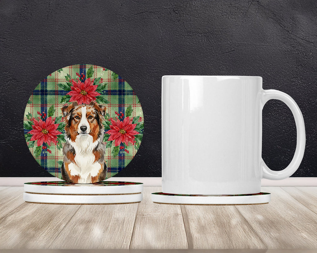 Red Merle Australian Shepherd Christmas PoinsettIas Large Sandstone Coasters Pack of 4 Absorbent Round Coasters Decor Gifts for Men or Women, 4 in, Multicolor
