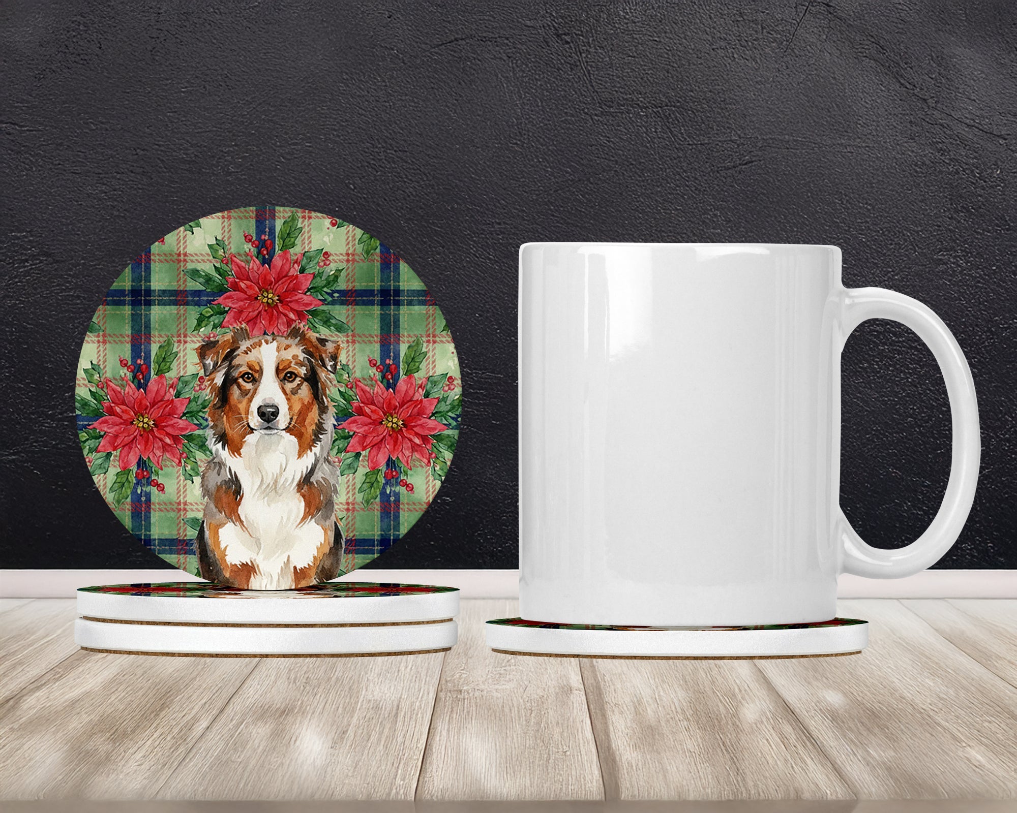 Red Merle Australian Shepherd Christmas PoinsettIas Large Sandstone Coasters Pack of 4 Absorbent Round Coasters Decor Gifts for Men or Women, 4 in, Multicolor
