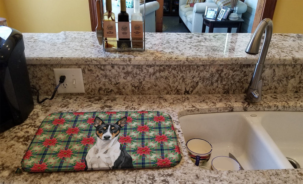 Black and White Basenji Christmas PoinsettIas Dish Drying Mat Absorbent Dish Drying Mat Pad for Kitchen Counter Dish Drainer Mat for Countertop, 14 x 21", Multicolor