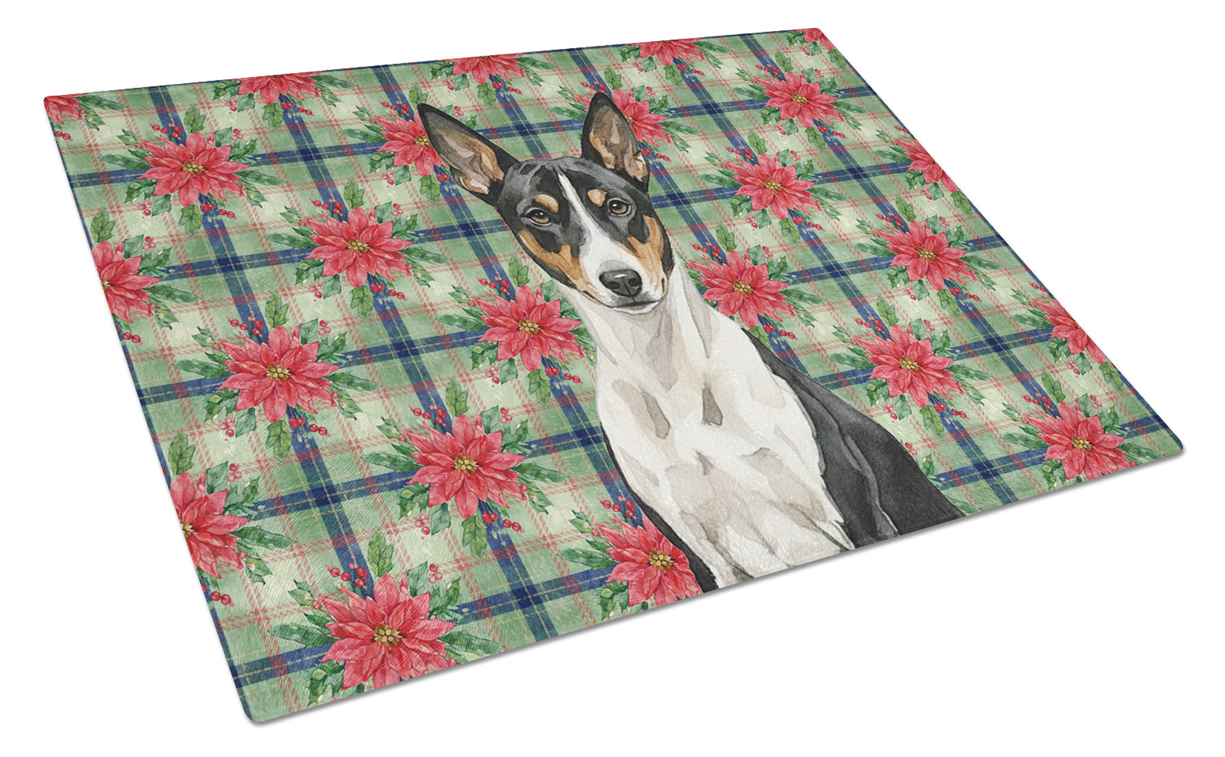 Black and White Basenji Christmas PoinsettIas Cutting Board Tempered Glass Kitchen Cutting Surface, Heat Resistant Chopping, Non-Slip Feet, Food Prep & Serving
