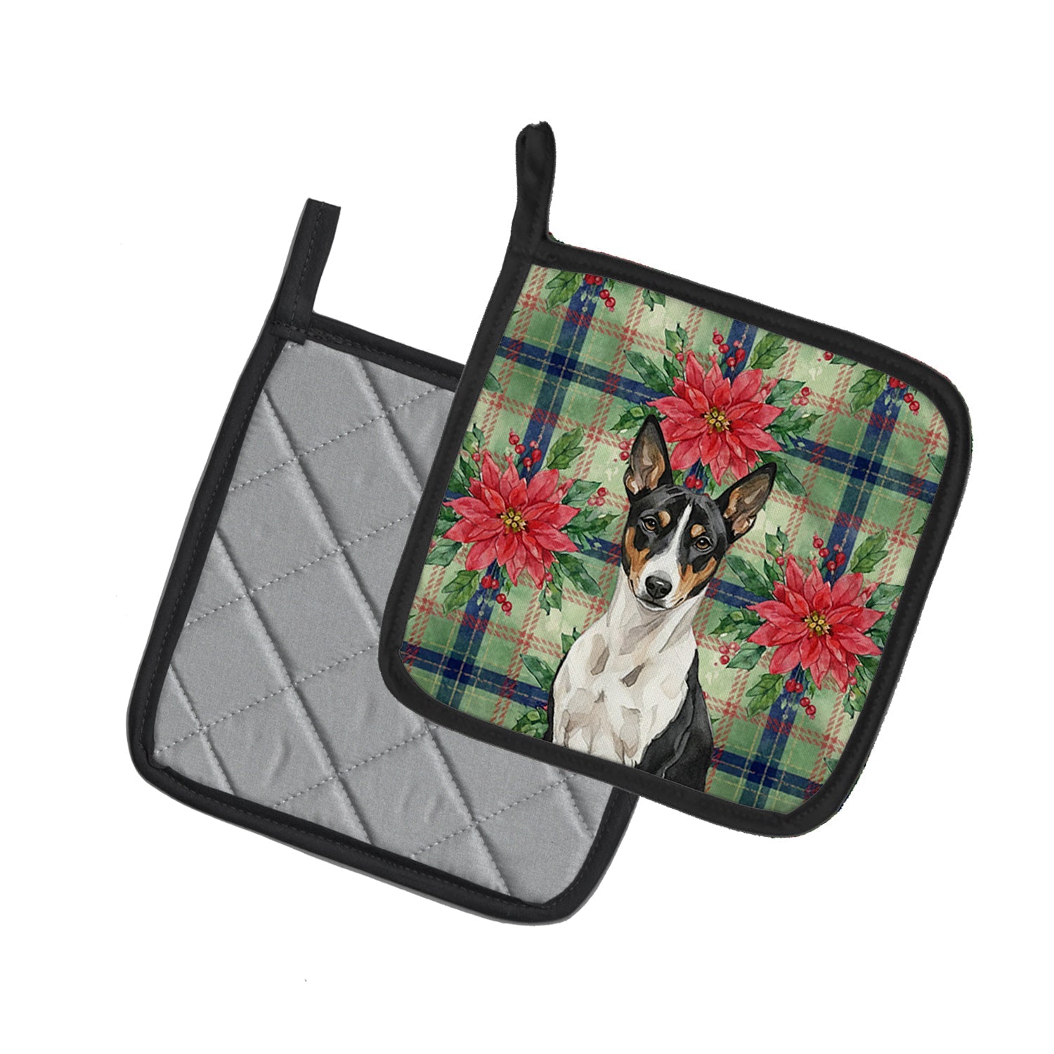 Black and White Basenji Christmas PoinsettIas Pot Holder Set of 2 Heat Resistant Quilted Hot Pads 7.5 x 7.5 Inch, Insulated Kitchen Trivets for Cooking & Baking