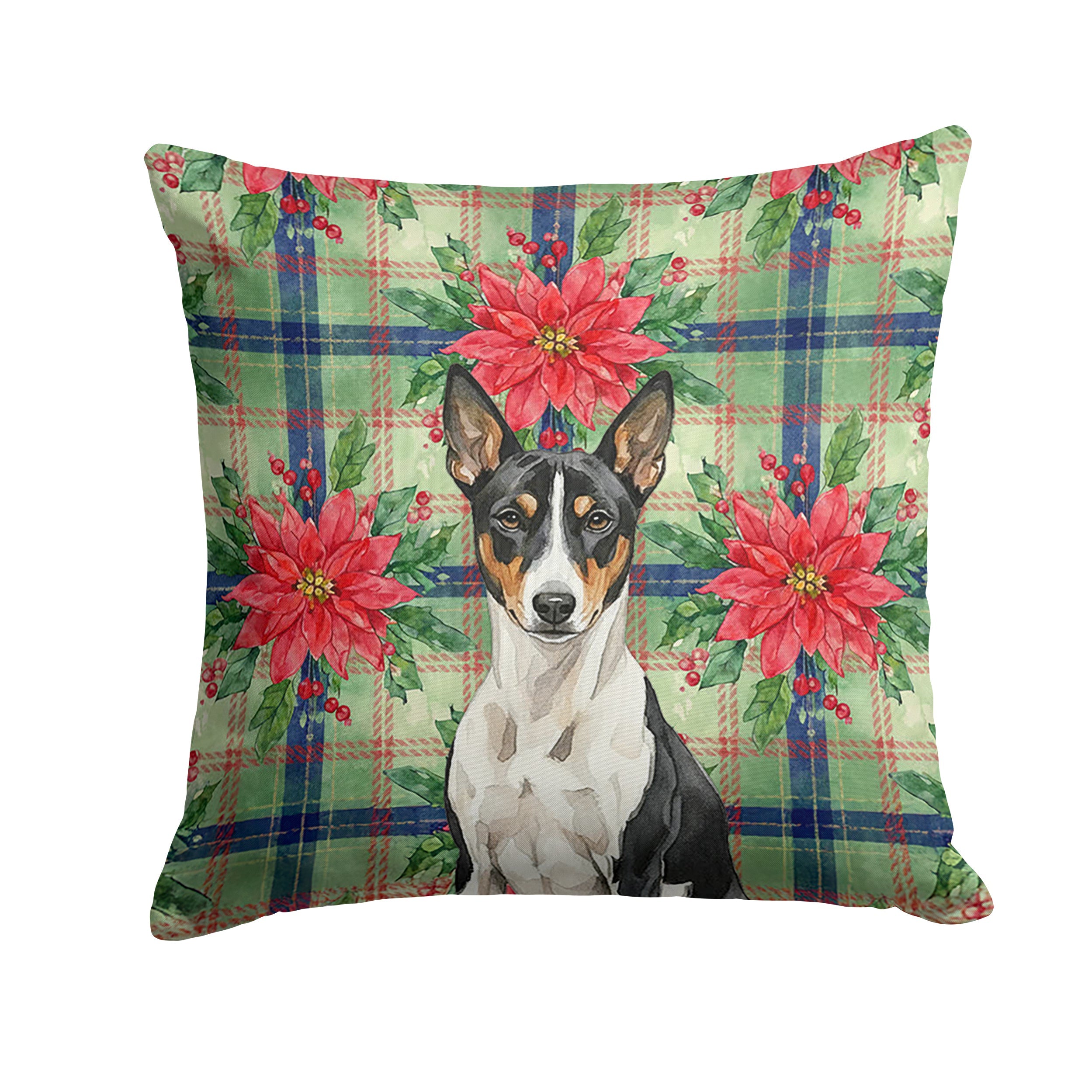 Black and White Basenji Christmas PoinsettIas Decorative Throw Pillow 14x14 Indoor Outdoor Accent Cushion, Fabric Cover with Insert for Sofa, Bed, Porch & Living Room