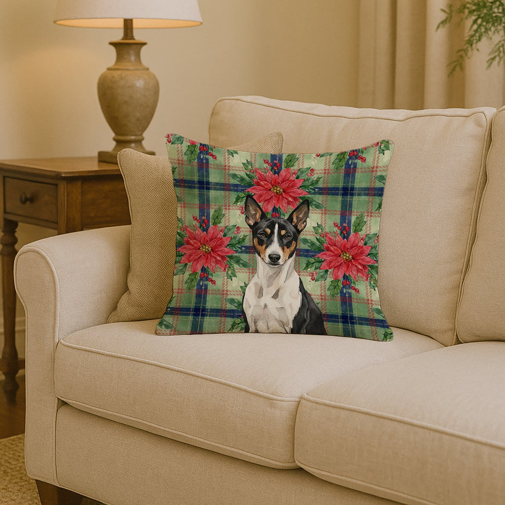 Black and White Basenji Christmas PoinsettIas Decorative Throw Pillow 14x14 Indoor Outdoor Accent Cushion, Fabric Cover with Insert for Sofa, Bed, Porch & Living Room