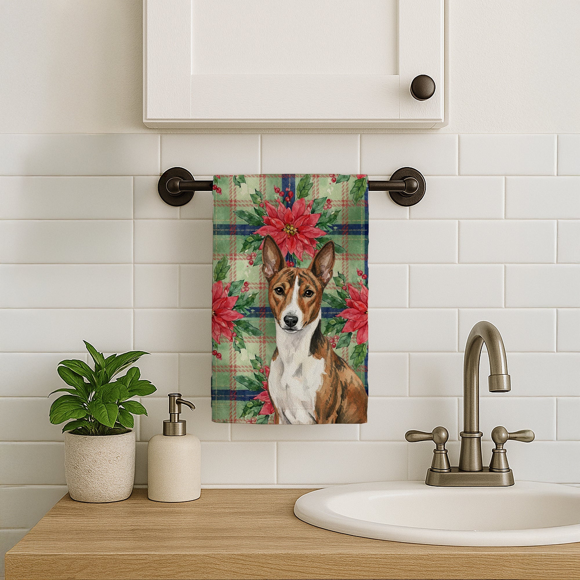 Brindle and White Basenji Christmas PoinsettIas Kitchen Towel Velour Plush Front and Cotton Loop Back Machine Washable