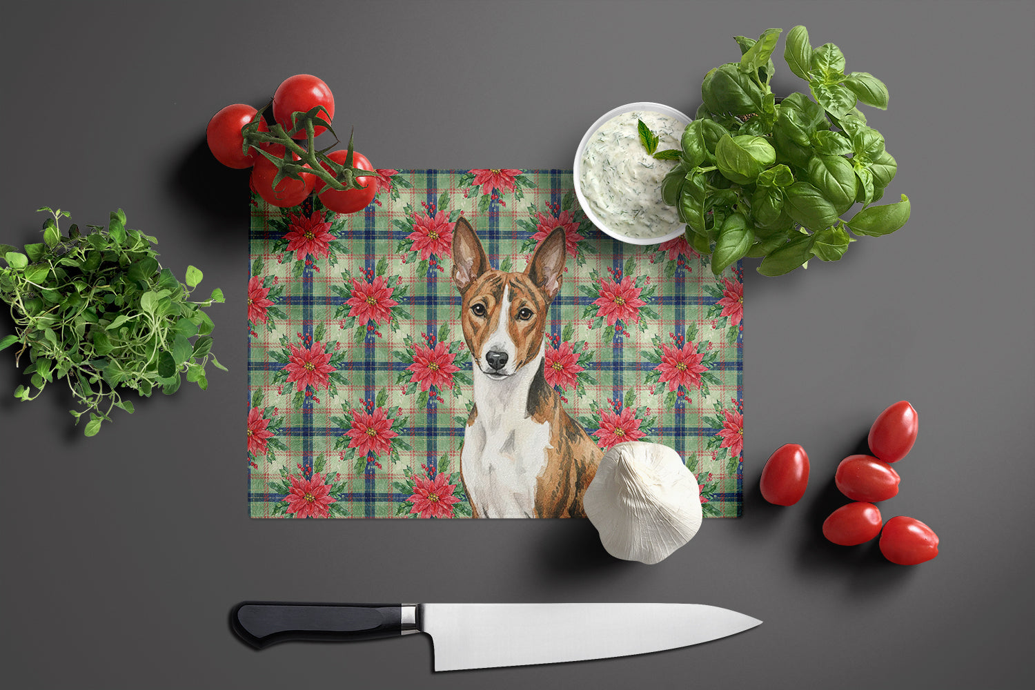 Brindle and White Basenji Christmas PoinsettIas Cutting Board Tempered Glass Kitchen Cutting Surface, Heat Resistant Chopping, Non-Slip Feet, Food Prep & Serving