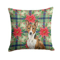 Brindle and White Basenji Christmas PoinsettIas Decorative Throw Pillow 14x14 Indoor Outdoor Accent Cushion, Fabric Cover with Insert for Sofa, Bed, Porch & Living Room