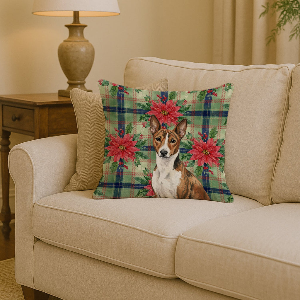 Brindle and White Basenji Christmas PoinsettIas Decorative Throw Pillow 14x14 Indoor Outdoor Accent Cushion, Fabric Cover with Insert for Sofa, Bed, Porch & Living Room