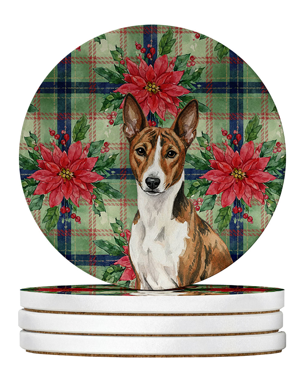 Brindle and White Basenji Christmas PoinsettIas Large Sandstone Coasters Pack of 4 Absorbent Round Coasters Decor Gifts for Men or Women, 4 in, Multicolor
