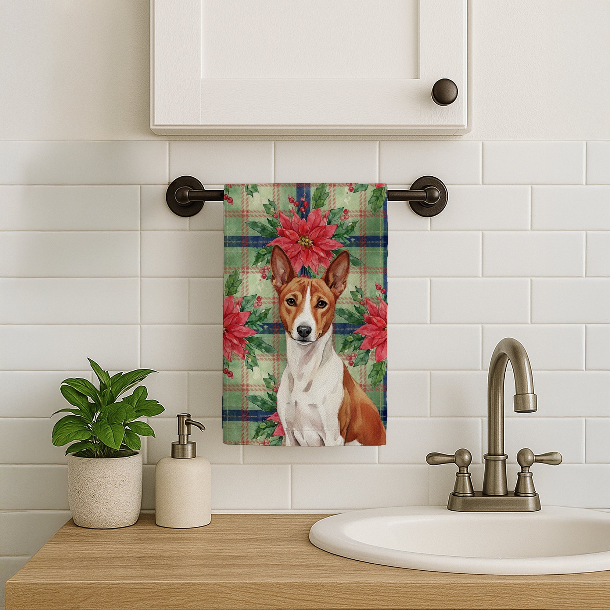 Red and White Basenji Christmas PoinsettIas Kitchen Towel Velour Plush Front and Cotton Loop Back Machine Washable
