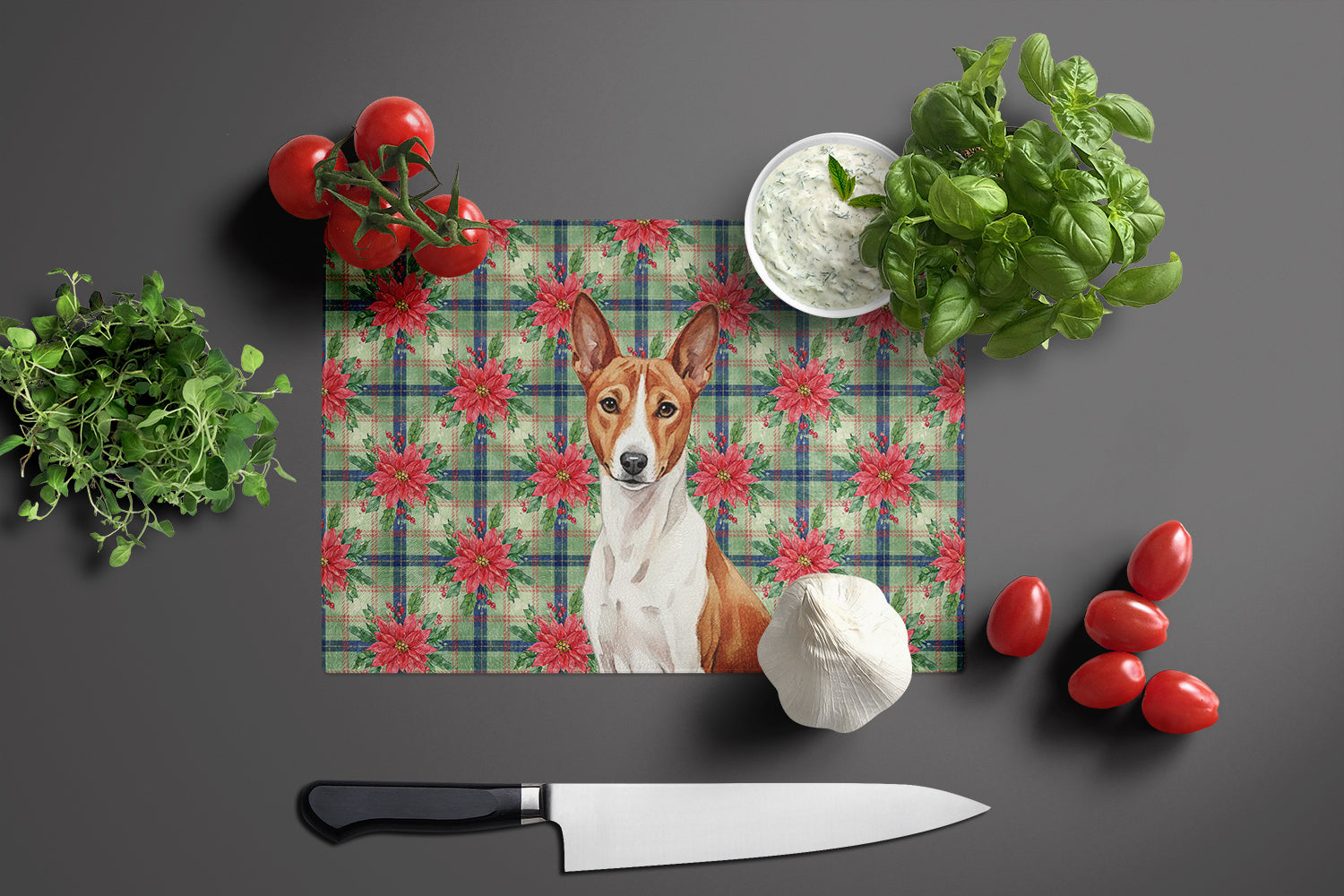 Red and White Basenji Christmas PoinsettIas Cutting Board Tempered Glass Kitchen Cutting Surface, Heat Resistant Chopping, Non-Slip Feet, Food Prep & Serving